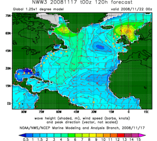 NOAA Wavewatch III 120-hour wind and wave forecast for the North Atlantic