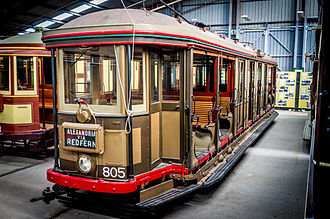 Preserved O class tram in at the Sydney Tramway Museum in September 2013 NSWDRTT 'Toastrack' O-class Tram 805.jpg