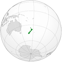 A map of the hemisphere centred on New Zealand, using an orthographic projection.