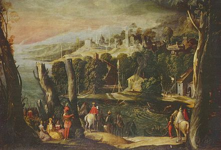 Paisaje con damas y jinetes, Óleo sobre lienzo, 116 x 119 cm, Galería Borghese (Roma).