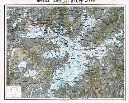 Historische Karte der Ortler Alpen, Specialkarte Meurer-Freytag mit Röthelsp. (Rötlspitze - Piz Cotschen) nördlich der Gletscher um den Monte Livrio, P.da Val d'Stagels und P.da Val grond (2881m, Piz Val Gronda) über dem Val Costainas