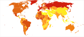 Deaths from other digestive diseases in 2012 per million persons. Statistics from WHO, grouped by deciles   10-45   46-73   74-92   93-107   108-134   135-158   159-190   191-209   210-252   253-335 * The following groupings/assumptions were made: ** France includes the overseas departments as well as overseas collectivities. ** The United Kingdom includes the Crown dependencies as well as the overseas territories. ** The United States of America includes the insular areas. ** The Netherlands includes Aruba and the Netherlands Antilles. ** Denmark includes Greenland and the Faroe islands.