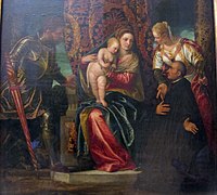 Madonna z Dzieciątkiem pomiędzy św. Justyną, św. Jerzym i klęczącym benedyktynem około 1554 date QS:P,+1554-00-00T00:00:00Z/9,P1480,Q5727902 . Paryż, Luwr