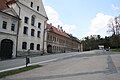 English: Parking facilites near Náměšť nad Oslavou Castle and houses near Castle. Čeština: Parkoviště nedaleko náměštskéhoj zámku.