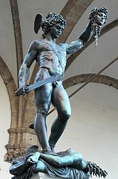 Cellini's bronze statue of Perseus with the Head of Medusa, completed in the Renaissance Perseus Cellini Loggia dei Lanzi 2005 09 13.jpg