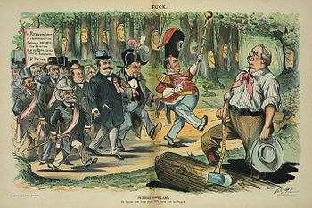 "Pioneer Cleveland": Puck magazine cartoon shows the Republicans following the path of the gold standard which President Grover Cleveland (right) has blazed. McKinley, wearing a large black hat, walks behind Hanna (in red). Pioneer Cleveland.jpg