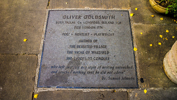 A plaque to Oliver Goldsmith at the Temple Church in London, where he was buried.