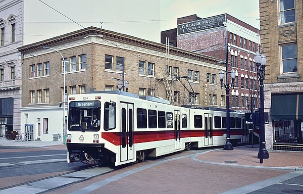 An original Bombardier light rail train entering the 11th Avenue turnaround loop in downtown Portland in 1987