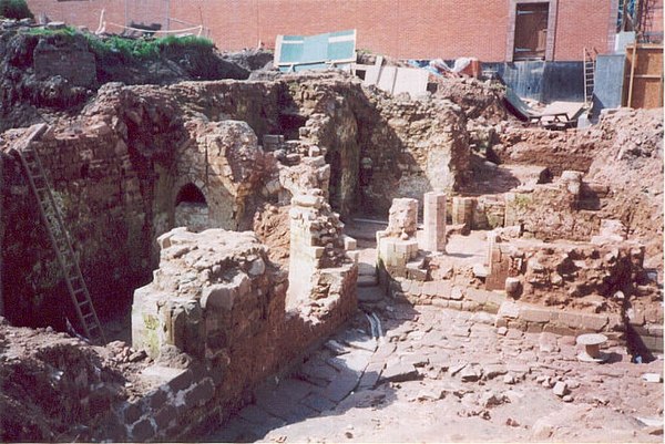 View from Hill Top of the undercroft's excavation. Some of the area has been reburied.