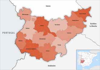 Provinz Badajoz: Bevölkerungsentwicklung der Provinz, Verwaltungsgliederung, Städte