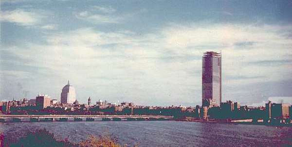 Unfinished Prudential Tower in 1963, dwarfs the Old John Hancock building at left