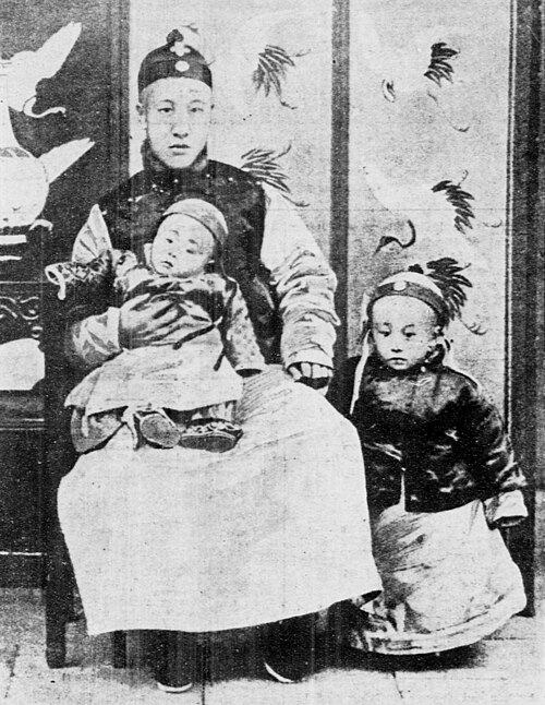 Pujie, held by his father Prince Chun (left), and his older brother, Puyi (right).