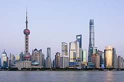 Shanghai is home to the only completed megatall skyscrapers in China Pudong Shanghai November 2017(cropped).jpg