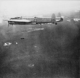 Avro Lincoln of No. 1 Squadron dropping 500-pound (230 kg) bombs on communist targets during the Malayan Emergency, c. 1950 RAAFAvroLincolnMalaya1950.jpg