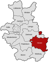 Lage des Kreises Höxter im Regierungsbezirk Minden 1832–1947 (ohne Kreise Detmold und Lemgo) und im Regierungsbezirk Detmold 1947–1974