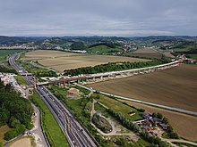 Zračni pogled na novi železniški viadukt Pesnica, maj 2022