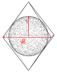 A regular octahedron with an inscribed sphere, illustrating the square root of 6 ratio between edge length and radius Regular octahedron with inscribed sphere annotated.png