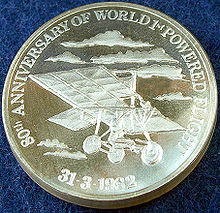 A silver medal struck by the New Zealand Mint for the New Zealand Museum of Transport and Technology in 1982 to commemorate the 80th Anniversary of World 1st Powered Flight by Pearse. MOTAT's website gives 1903 as the year of his first flight, not 1902 as indicated on the medal.