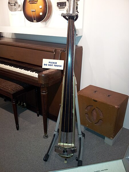A 1930s era combo amplifier and a Rickenbacker electric upright bass from 1935.