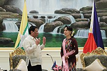 Duterte talks with Burmese State Counsellor Aung San Suu Kyi during the former's state visit in Naypyidaw on March 20, 2017 Rodrigo Duterte and Burmese State Counsellor Aung San Suu Kyi.jpg