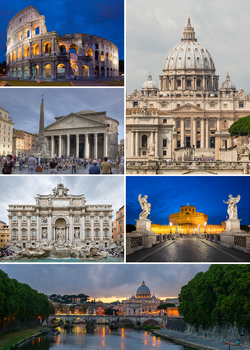 po směru ručiček: Koloseum, Bazilika svatého Petra, Andělský hrad, Andělský most, Fontána di Trevi a Pantheon