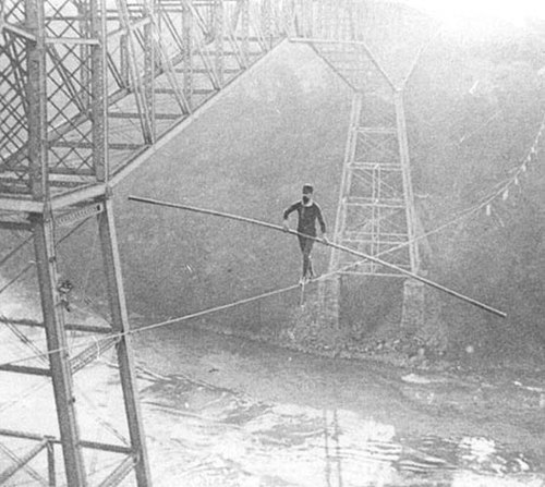 Tightrope walkers use the moment of inertia of a long rod for balance as they walk the rope. Samuel Dixon crossing the Niagara River in 1890.