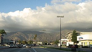 Sierra Madre Boulevard in Lamanda Park. San Gabriel Mountains from eastern Pasadena.jpg