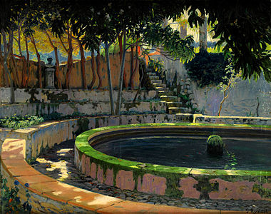 Giardino dell'Elegia.  Sono Moragues (c. 1903).  Giardino e piscina della tenuta Son Moragues dell'arciduca Luis Salvador d'Austria a Maiorca.