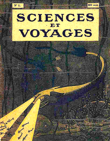 Coverture of Sciences and Voyages (first edition) representing a fish-like submarine