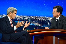 Colbert interviewing Secretary of State John Kerry Secretary Kerry Makes an Appearance on The Late Show With Stephen Colbert in New York City (21873224425).jpg