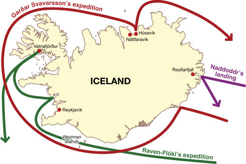 Mapo indikante la vojaĝojn de la unuaj skandinavoj en Islando dum la 9-a jarcento