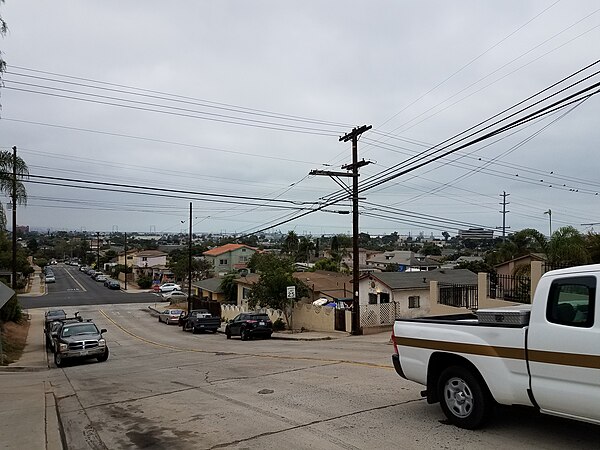 An image looking southward on 40th Street, Naval Base San Diego in the distance from the Shelltown neighborhood
