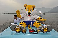 Shera, the Mascot of the Commonwealth Games Delhi 2010 takes a pleasant ride in the Dal Lake of the Srinagar, in Jammu and Kashmir on June 29, 2010.jpg