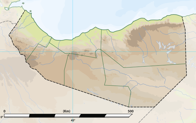 Mapa konturowa Somalilandu, po lewej znajduje się punkt z opisem „miejsce bitwy”