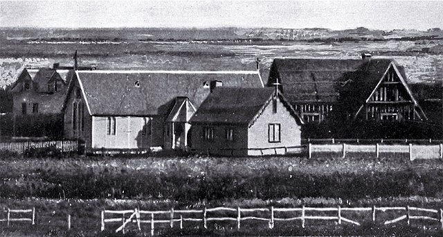 St. Andrew's Presbyterian Church and The Academy in 1858 at Hospital corner; the church was later relocated to Rangi Ruru Girls' School