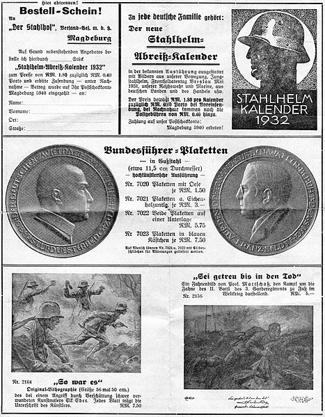 File:Stahlhelm Katalog 1931 2 Sonder-Preisliste Geschenckartikel Wehrsportpreise Stahlhof Magdeburg (Stahlhelm Bund der Frontsoldaten, Scharnhorst Bund deutscher Jungmannen) German WW1 veterans Paramilitary propaganda items Mail order catal.jpg