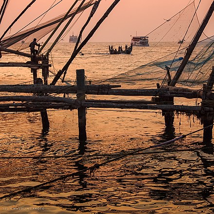 A fishery at sunset in Cochin, Kerala, India.