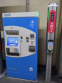 An Opal card top-up machine and reader at Pyrmont Bay Sydney Light Rail L1 Opal Card.jpg