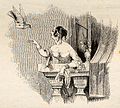 Whimsical tail-piece of a lady receiving her pigeon post