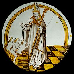 Saint Nicolas sauvant les trois petits enfants du saloir du boucher. Vitrail (verre blanc, grisaille, jaune d'argent) et plomb, France, vers 1510-1530.
