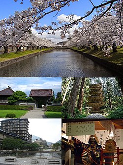 Üstte: Tsuruoka Park'ta kiraz çiçeği, Orta sol: Tsuruoka'daki Chido salonu, Orta sağ: Haguro Dağı'nda beş katlı pagoda, Sol alt: Atsumi Kaplıcası, Sağ alt: Ogisai Kurokawa Noh