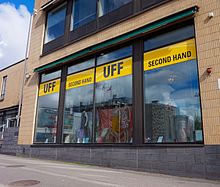 The second-hand shop of UFF (U-landshjalp fran Folk till Folk i Finland), a non-profit and non-governmental humanitarian foundation, in Jyvaskyla, Finland. UFF Jyvaskyla.jpg