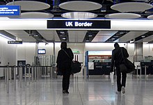 Border Force officers staff the UK border at Heathrow Terminal 5, where landing cards were turned in UK Border, Heathrow.jpg