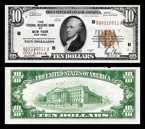 $10 Federal Reserve Bank Note (1929) depicting Alexander Hamilton. FRB New York.