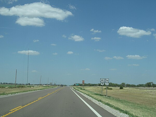 US-183 at north end of overlap with US-56 northeast of Kinsley