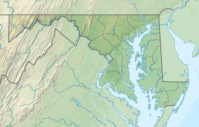 Mapa konturowa stanu Maryland, u góry znajduje się punkt z opisem „miejsce bitwy”