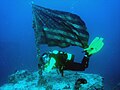 Diver posing near flag on deck