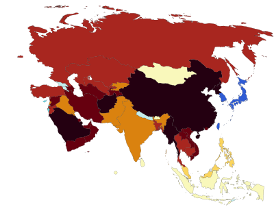 Map of 2023 V-Dem Electoral Democracy Index for Asia
.mw-parser-output .legend{page-break-inside:avoid;break-inside:avoid-column}.mw-parser-output .legend-color{display:inline-block;min-width:1.25em;height:1.25em;line-height:1.25;margin:1px 0;text-align:center;border:1px solid black;background-color:transparent;color:black}.mw-parser-output .legend-text{}
0.900-1.000
0.800-0.899
0.700-0.799
0.600-0.699
0.500-0.599
0.400-0.499
0.300-0.399
0.200-0.299
0.100-0.199
0.000-0.099
No data V-Dem Democracy Indices 2023 Asia.svg