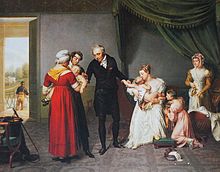 Le docteur Jean-Louis Alibert prélève le sérum du bébé d'une domestique pour vacciner l'enfant de Mme Desbordes-Valmore, assise. Dessin de Constant Joseph Desbordes, oncle de cette dernière, 1822.