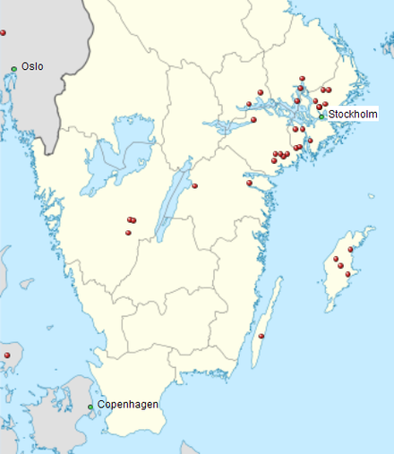 Map of geographic distribution of Varangian Runestones (almost all are found in present-day Sweden).